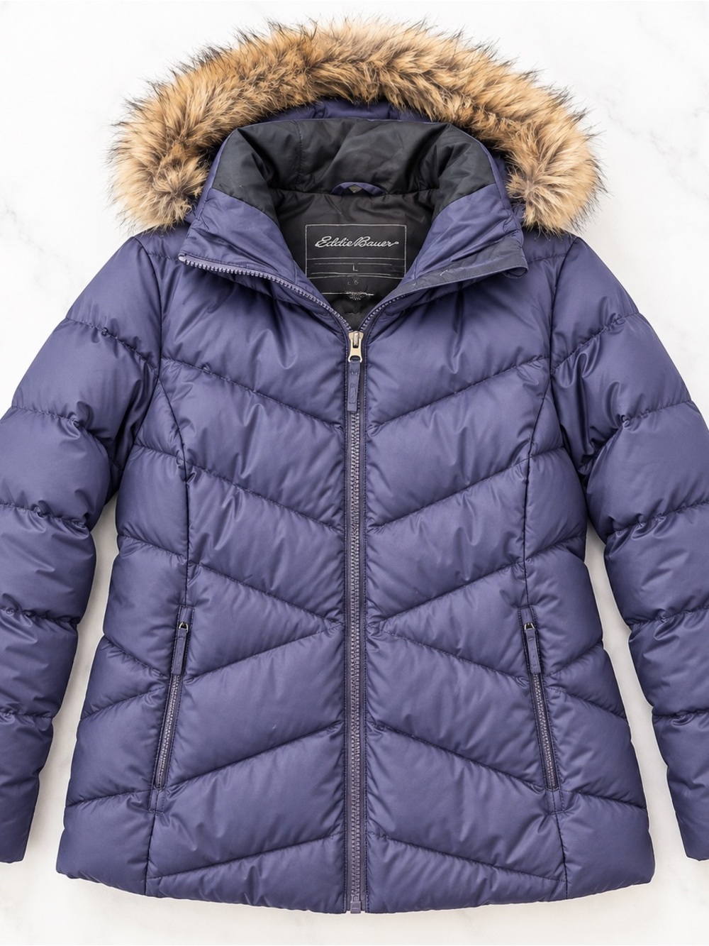 Eddie Bauer Women’s Down Puffer Jacket Purple Faux Fur Hood Large
